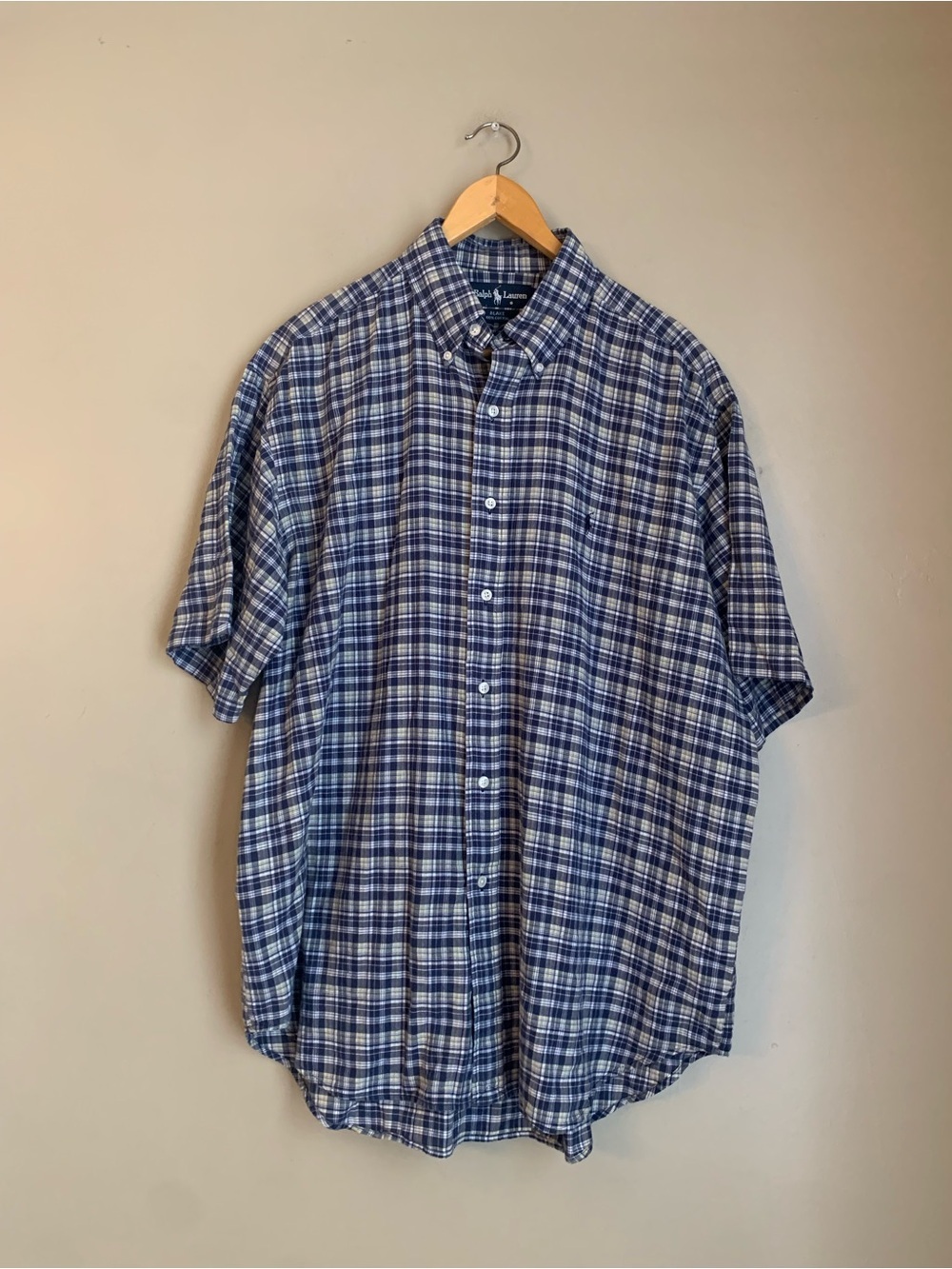 Ralph Lauren Shirt Mens L Blue Plaid Thin Short Sleeve Button Up Blake 90’s Vtg